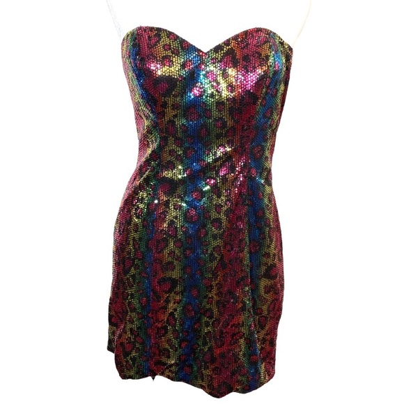 Vintage Dresses & Skirts - Vintage Party Time Rainbow Leopard Sequin Strapless Cocktail Dress